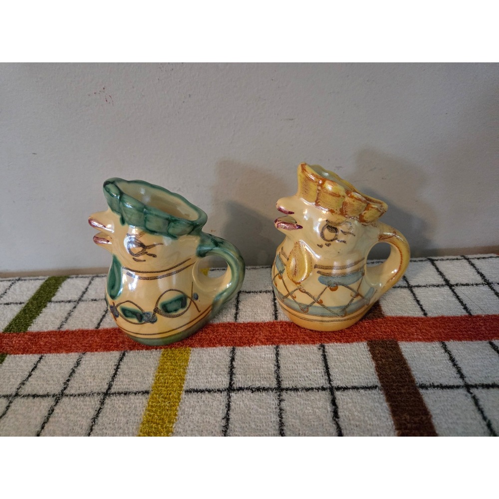 Vintage Hand Painted Ceramic Rooster Creamer Pitcher Set of 2 Signed Folk Art